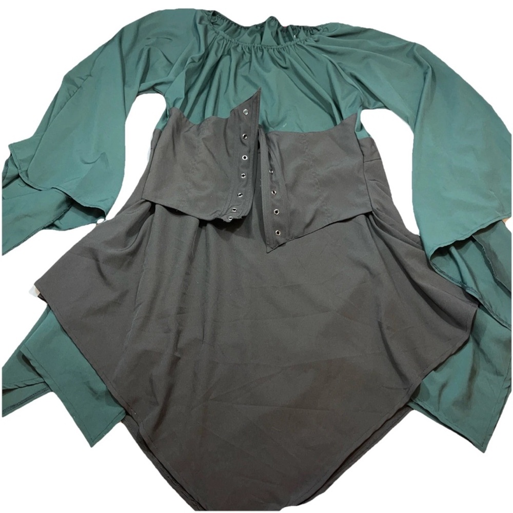 Pirate Green Witchy DRESS Black Corset Waist Renaissance Flowy Whimsy Gothic M L
